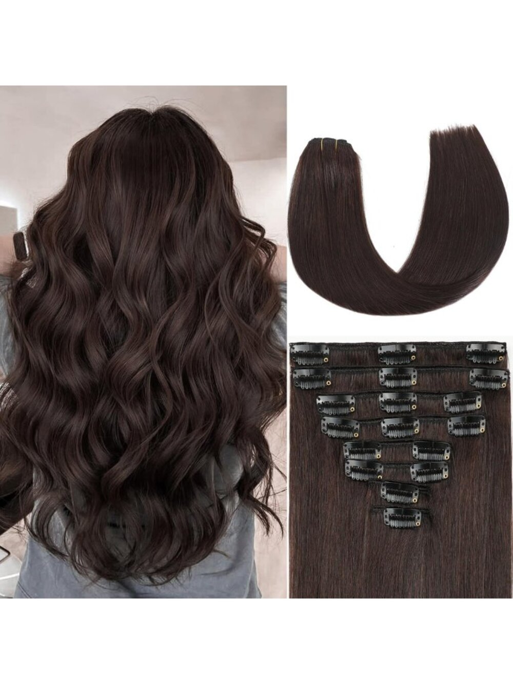 20" Dark Brown Clip-In Hair Extensions - Real Human Hair, Seamless, Thick & Soft